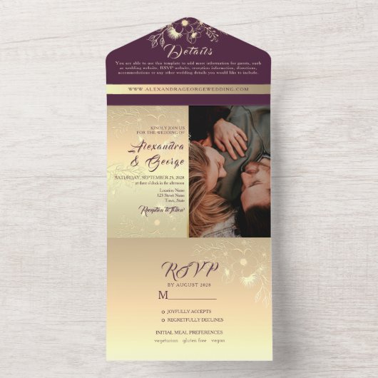 Romantic Gold Calligraphy Wedding All In One Uitnodiging (Binnen)