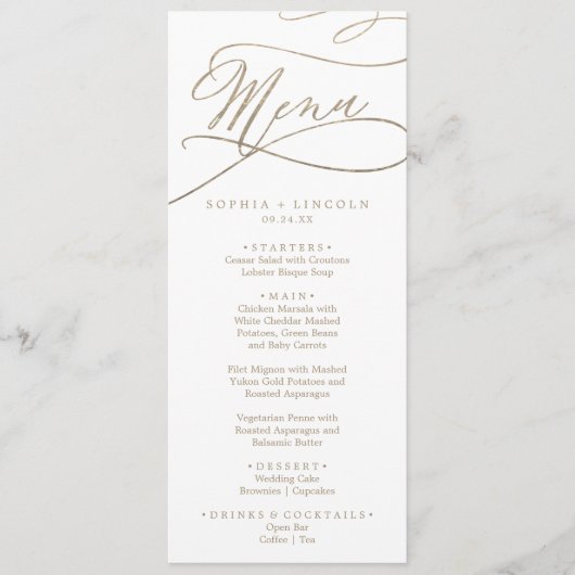 Romantic Gold Calligraphy Wedding Dinner Menu (Voorkant)