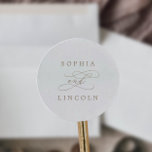 Romantic Gold Calligraphy Wedding Envelope Seals Ronde Sticker<br><div class="desc">Deze romantische goudkalligrafie trouwenvelopzegels zijn perfect voor een eenvoudige bruiloft. Het moderne klassieke ontwerp is voorzien van fancy draden en grillen met prachtige elegante handgeschreven faux champagne Gold folie-typografie. Pas het etiket aan met de namen van de bruid en de bruidegom. Opmerking: dit ontwerp is niet voorzien van echte gouden...</div>