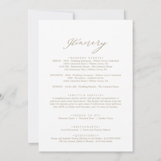 Romantic Gold Calligraphy Welcome Itinerary Letter (Achterkant)
