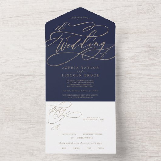 Romantic Gold Calligraphy | Zeemacht het huwelijk  All In One Uitnodiging (Binnen)