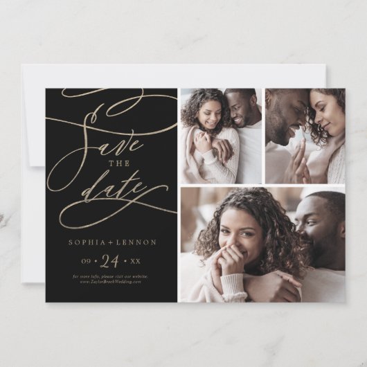 Romantic Gold Calligraphy | Zwart 3 Fotocollage Save The Date (Voorkant)