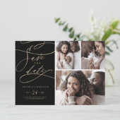 Romantic Gold Calligraphy | Zwart 3 Fotocollage Save The Date (Staand voorkant)