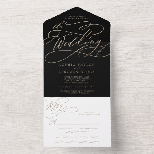 Romantic Gold Calligraphy | Zwart de bruiloft van  All In One Uitnodiging (Binnen)