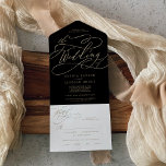 Romantic Gold Calligraphy | Zwart de bruiloft van  All In One Uitnodiging<br><div class="desc">Deze romantische goudkalligrafie zwart de bruiloft van iedereen in één uitnodiging is perfect voor een eenvoudige bruiloft. Het moderne klassieke ontwerp is voorzien van fancy draden en grillen met prachtige elegante handgeschreven faux champagne Gold folie-typografie. Schrijf uw gastadressen achterin de volgende uitnodiging met de hand of koop de coördinerende stickers...</div>