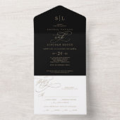 Romantic Gold Calligraphy | Zwart monogram huwelij All In One Uitnodiging (Binnen)
