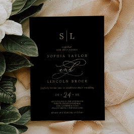 Romantic Gold Calligraphy | Zwart monogram huwelij Kaart