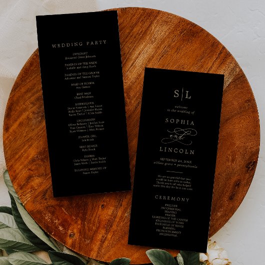 Romantic Gold Calligraphy | Zwart monogram huwelij Programmakaart