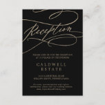 Romantic Gold Calligraphy | Zwarte ontvangst Informatiekaartje<br><div class="desc">Deze romantische goudkalligrafie zwarte receptiekaart is perfect voor een eenvoudige bruiloft. Het moderne klassieke ontwerp is voorzien van fancy draden en grillen met prachtige elegante handgeschreven faux champagne Gold folie-typografie. Pas deze kaart van de detailbijlage aan met uw ontvangstgegevens en voeg ook uw adres van de trouwwebsite toe! Opmerking: dit...</div>