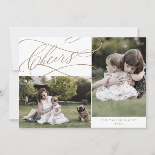 Romantic Gold Cheers 3 Foto jaar in Review Feestdagenkaart (Voorkant)