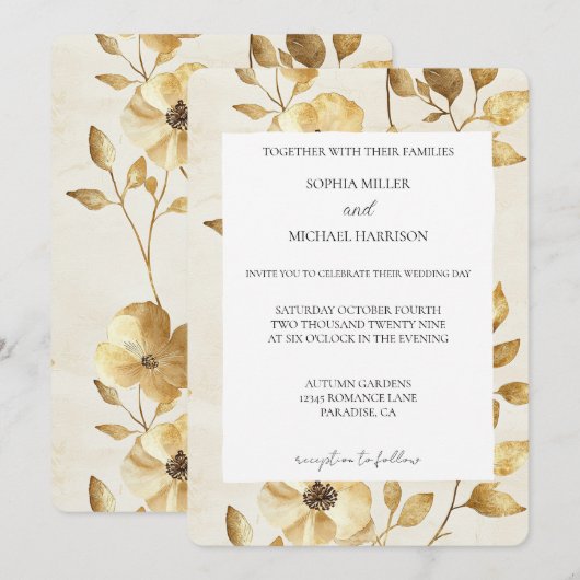 Romantic Gold Cream Floral Wedding Kaart (Voorkant / Achterkant)