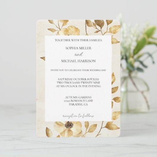 Romantic Gold Cream Floral Wedding Kaart (Staand voorkant)