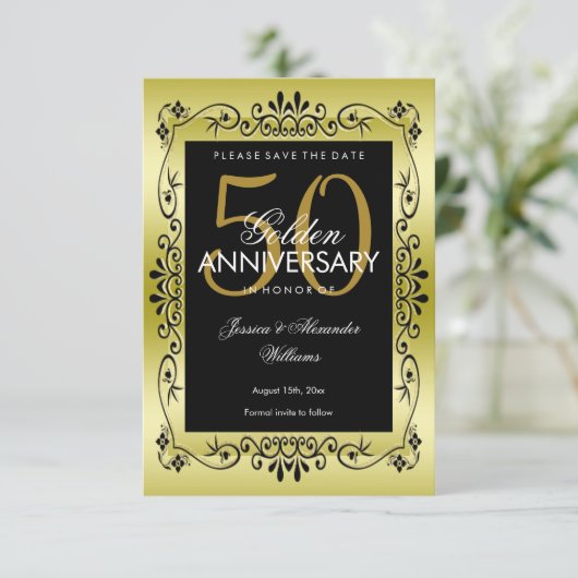 Romantic Gold Decorative Framed 50th Wedding Save The Date (Staand voorkant)