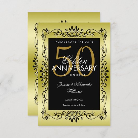 Romantic Gold Decorative Framed 50th Wedding Save The Date (Voorkant / Achterkant)