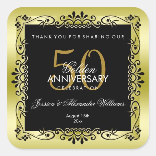Romantic Gold Decorative Framed 50th Wedding Vierkante Sticker (Voorkant)