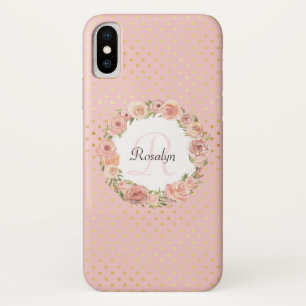Romantic Gold Dotted Roos Floral Monogramal Name iPhone X Hoesje