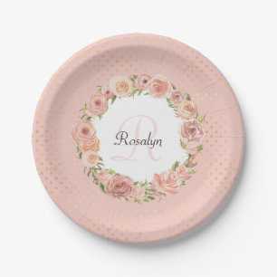 Romantic Gold Dotted Roos Floral Monogramal Name Papieren Bordje