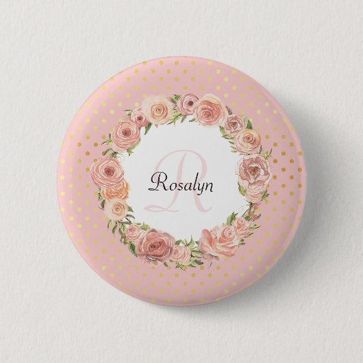 Romantic Gold Dotted Roos Floral Monogramal Name Ronde Button 5,7 Cm (Voorkant)