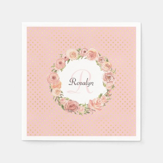 Romantic Gold Dotted Roos Floral Monogramal Name Servetten (Voorkant)