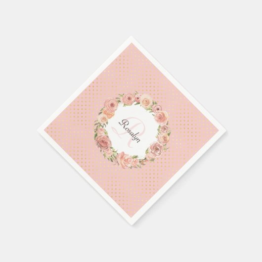 Romantic Gold Dotted Roos Floral Monogramal Name Servetten (Hoek)