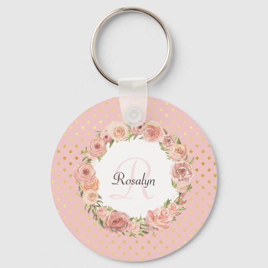 Romantic Gold Dotted Roos Floral Monogramal Name Sleutelhanger (Voorkant)