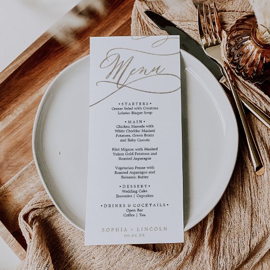 Romantic Gold en Black Calligraphy Wedding Menu Kaart
