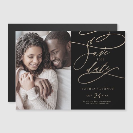 Romantic Gold en Black Photo Save the Date Magnetische Uitnodiging (Voorkant / Achterkant)