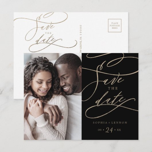Romantic Gold en Black Photo Save the Date Uitnodiging Briefkaart (Voorkant / Achterkant)