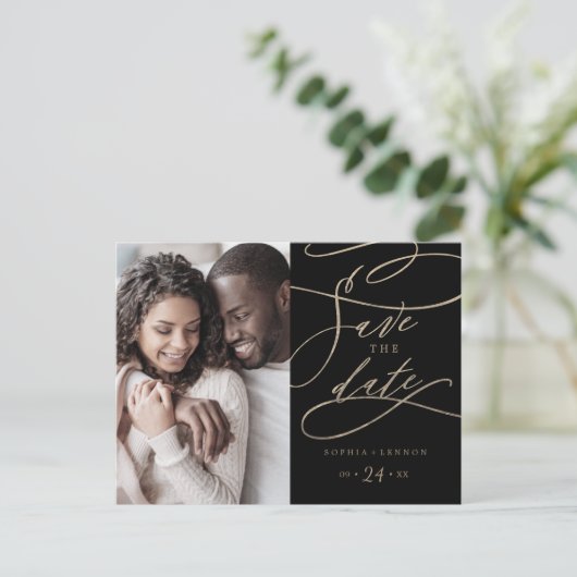 Romantic Gold en Black Photo Save the Date Uitnodiging Briefkaart (Staand voorkant)