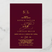 Romantic Gold Foil | Bourgogne Monogram bruiloft Folie Uitnodiging (Voorkant)