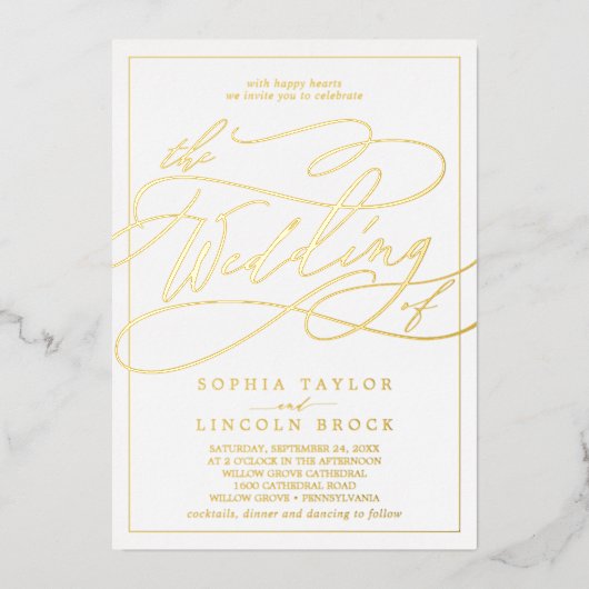 Romantic Gold Foil Calligrafie | Lijst bruiloft Folie Uitnodiging (Voorkant)