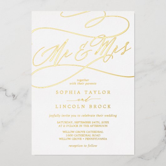 Romantic Gold Foil Calligrafie Mr & Mrs Wedding Folie Uitnodiging (Voorkant)