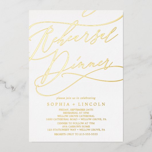 Romantic Gold Foil Calligraphy Rehearsal Dinner Folie Uitnodiging (Voorkant)