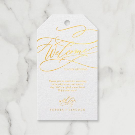 Romantic Gold Foil Calligraphy Weddenschap Welkom Cadeaulabels (Voorkant)