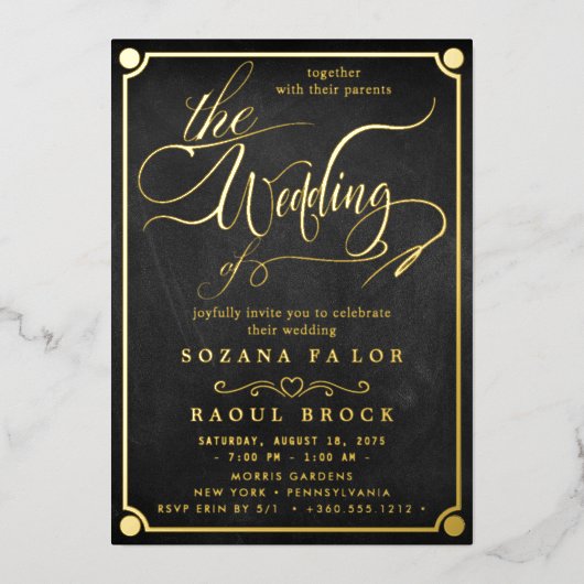 Romantic Gold Foil Emerald Flourish We bruiloft Folie Uitnodiging (Voorkant)