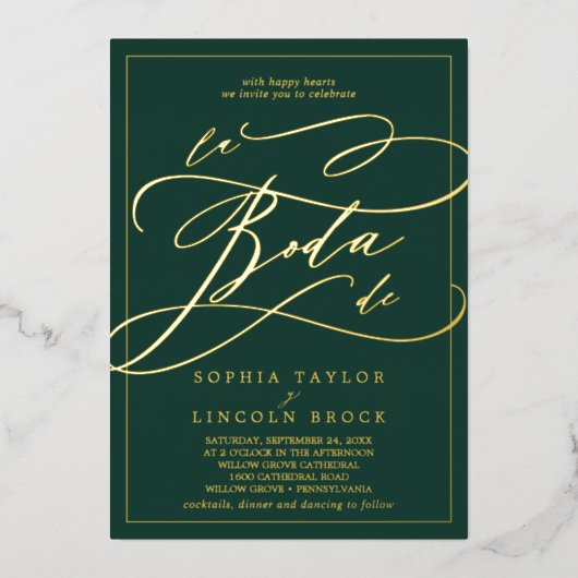 Romantic Gold Foil | Emerald Lijst La Boda de Folie Uitnodiging (Voorkant)