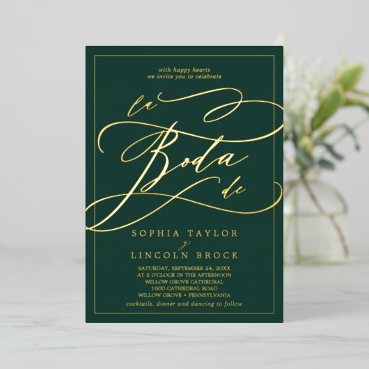 Romantic Gold Foil | Emerald Lijst La Boda de Folie Uitnodiging (Staand Voorkant)