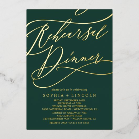 Romantic Gold Foil | Emerald Rehearsal Dinner Folie Uitnodiging (Voorkant)