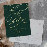 Romantic Gold Foil en Emerald Green Save the Date Folie Uitnodiging Briefkaart<br><div class="desc">Deze romantische gouden folie en smaragdgroen sparen het date folie call briefkaart is perfect voor een eenvoudige bruiloft. Het moderne klassieke ontwerp is voorzien van fancy draden en grillen met een prachtige elegante,  met de hand geschreven luxueuze geperste gouden folie.</div>