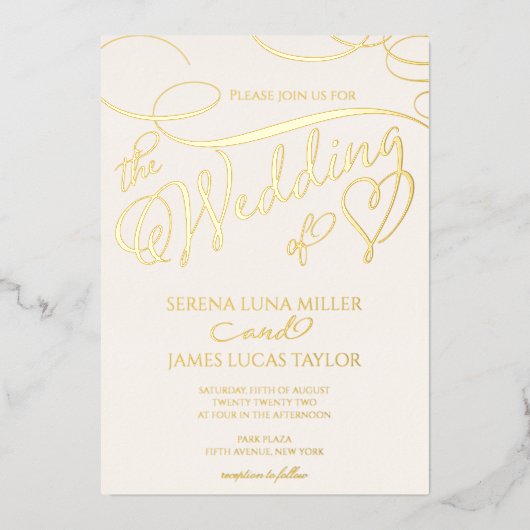 Romantic Gold Foil Flourish Calligraphy Wedding Folie Uitnodiging (Voorkant)