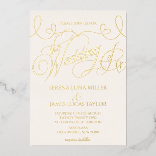 Romantic Gold Foil Flourish Calligraphy Wedding Folie Uitnodiging (Voorkant)