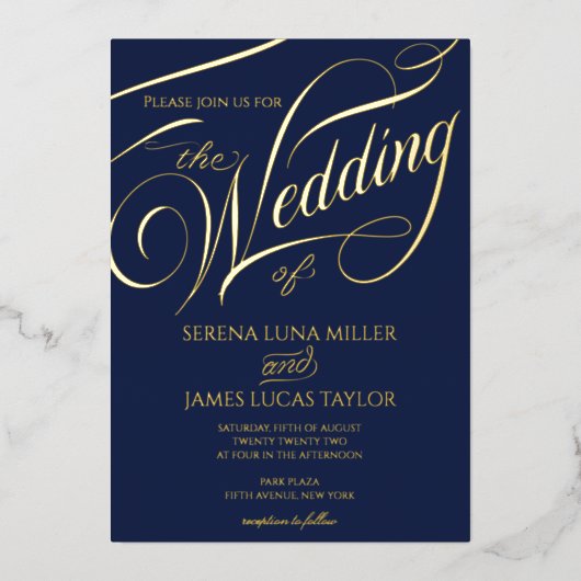 Romantic Gold Foil Flourish Calligraphy Wedding Folie Uitnodiging (Voorkant)