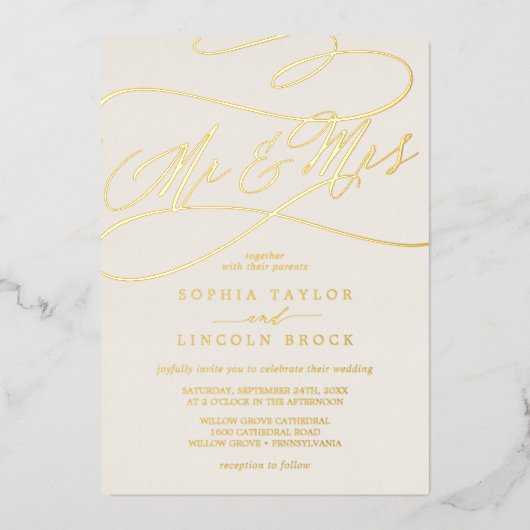 Romantic Gold Foil | Ivory de heer & Mrs Wedding Folie Uitnodiging (Voorkant)