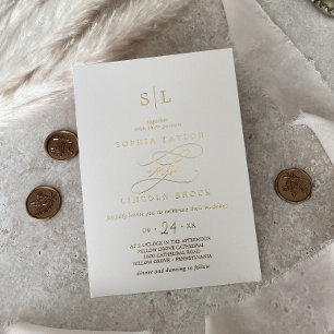 Romantic Gold Foil   Ivory Monogram Weddenschap Folie Uitnodiging
