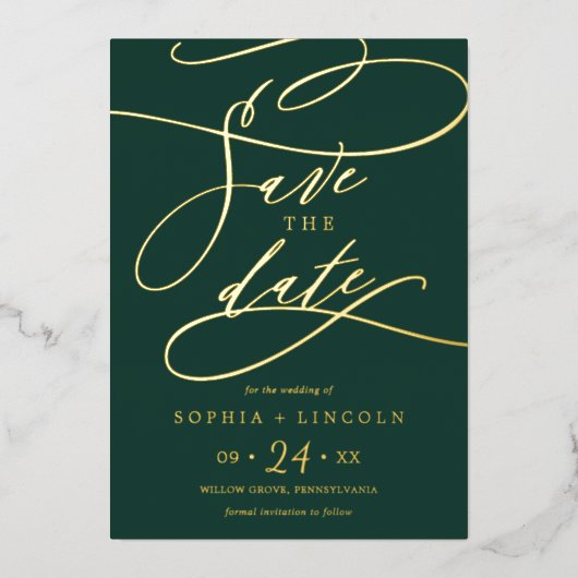 Romantic Gold Foil kalligrafie Green Save the Date Folie Uitnodiging (Voorkant)