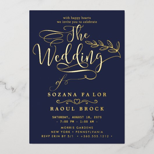 Romantic Gold Foil | Navy Blue Lijst Wedding Folie Uitnodiging (Voorkant)
