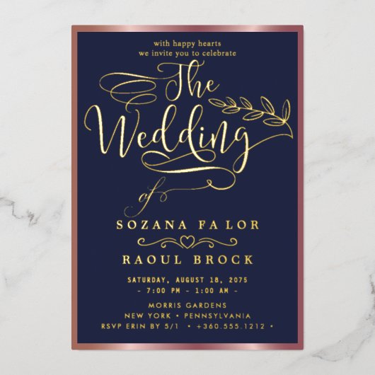 Romantic Gold Foil | Navy Blue Lijst Wedding Folie Uitnodiging (Voorkant)