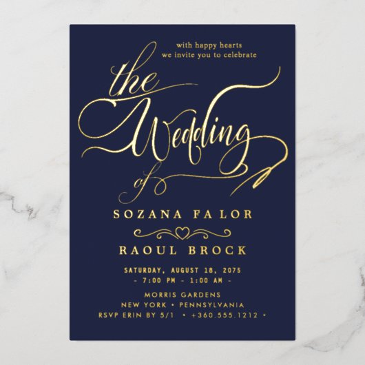 Romantic Gold Foil | Navy Blue Lijst Wedding Folie Uitnodiging (Voorkant)