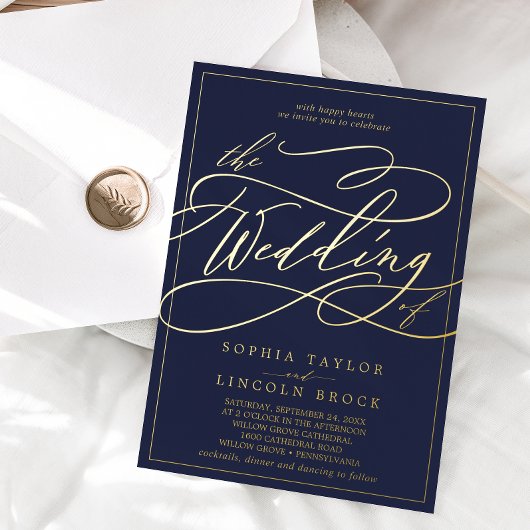 Romantic Gold Foil | Navy Blue Lijst Wedding Folie Uitnodiging
