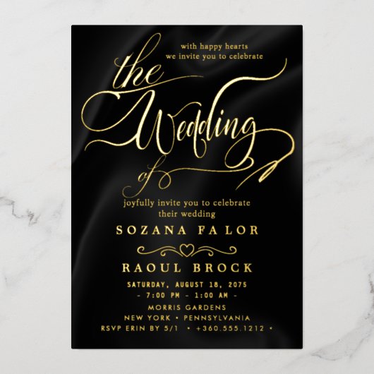 Romantic Gold Foil | Navy Blue Lijst Wedding Folie Uitnodiging (Voorkant)